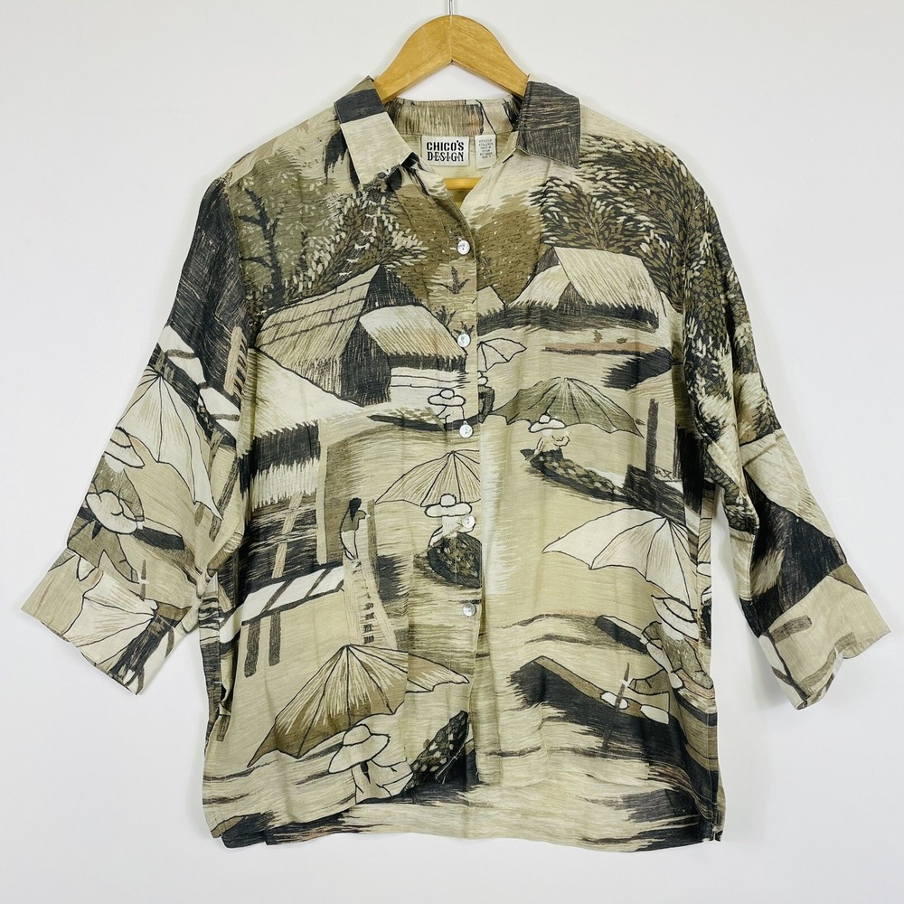 Chico's Womens Sz 1 Medium 8 Shirt Jacket  Linen Silk‎ Artsy Avant Garde Whimsy